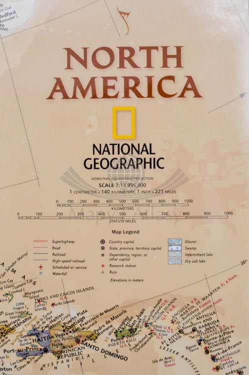 Ameryka Północna 1:13 995 000. Mapa w ramie drewnianej wydawnictwa National Geographic. Legenda