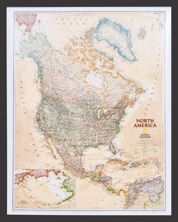Ameryka Północna 1:13 995 000. Mapa w ramie drewnianej wydawnictwa National Geographic