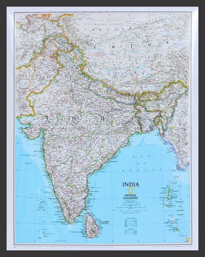 Indie 1:5 625 000. Mapa w ramie drewnianej. National Geographic