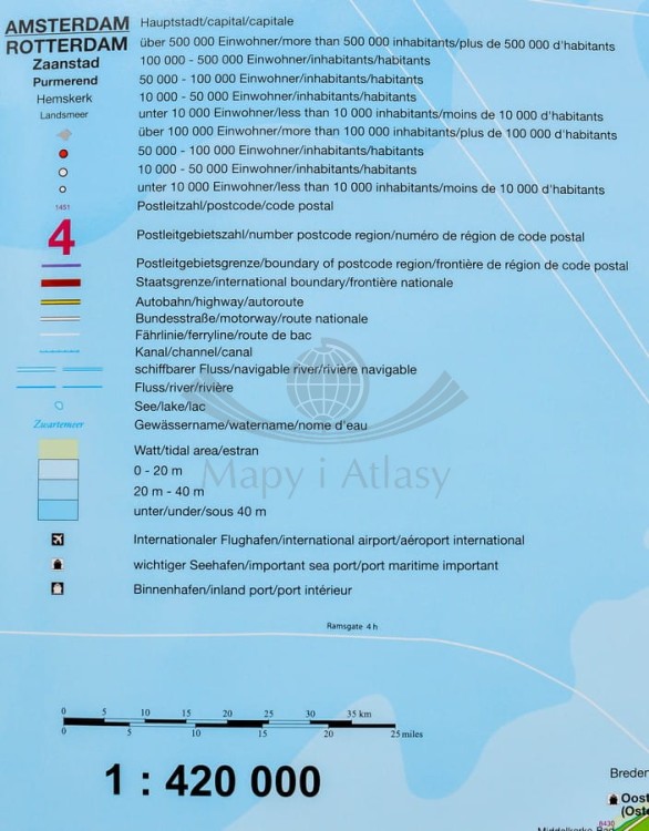 Beneluks 1:420 000. Belgia, Holandia, Luksemburg. Mapa administracyjna z kodami pocztowymi w ramie drewnianej. Wydawnictwo: Stiefel. Legenda