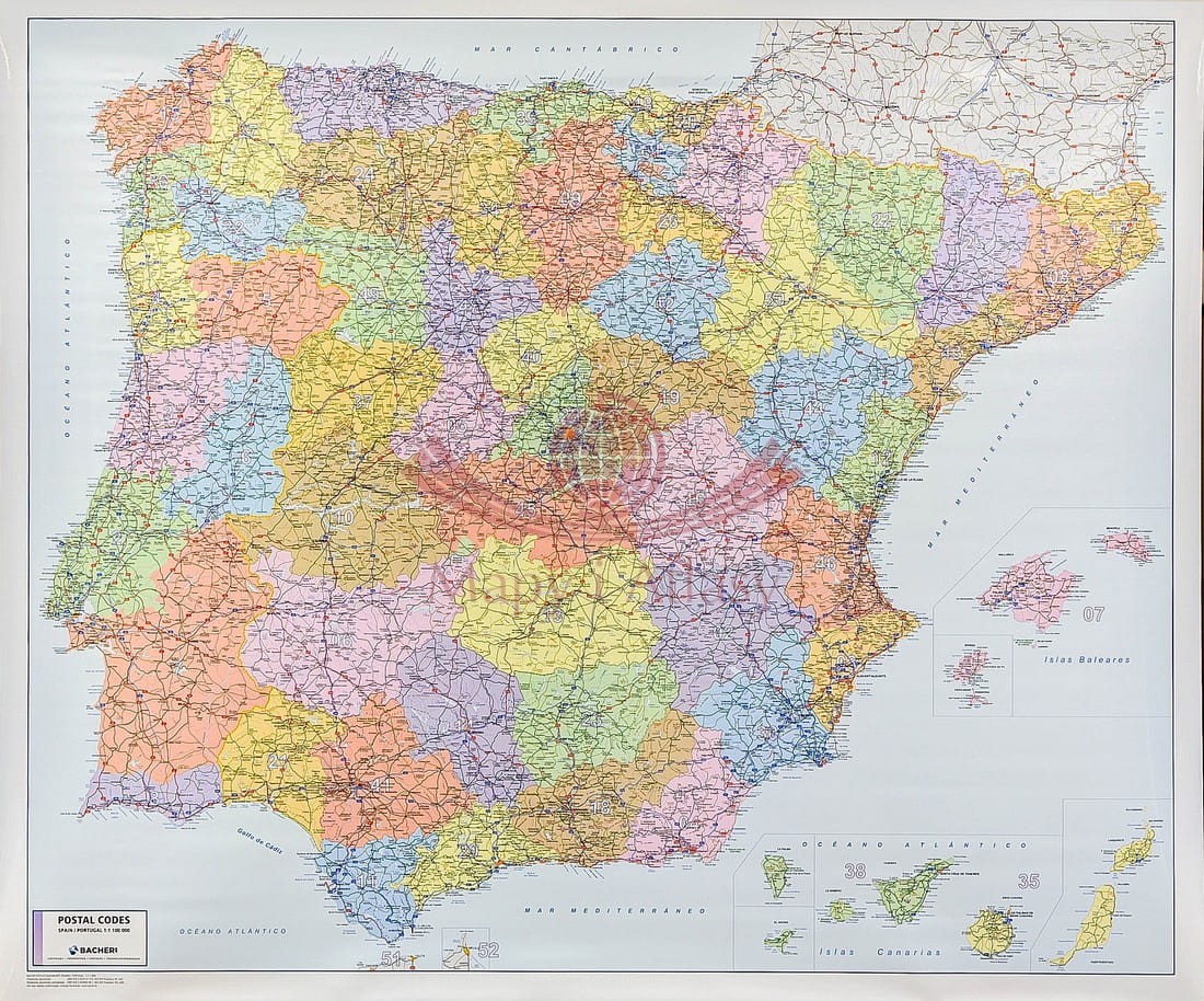 Hiszpania i Portugalia 1:1 100 000. Mapa ścienna drogowa. Kody pocztowe.