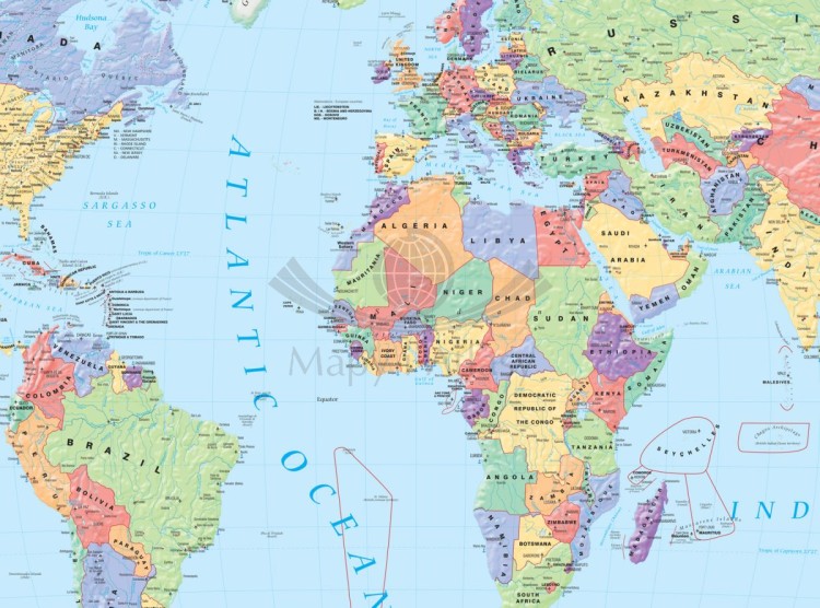 Świat. Fototapeta samoprzylepna. Mapa polityczna w języku angielskim wydawnictwa Meridian. Fragment 1