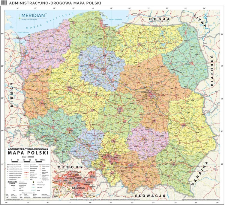 Polska. Fototapeta samoprzylepna. Mapa administracyjno-drogowa. Całość