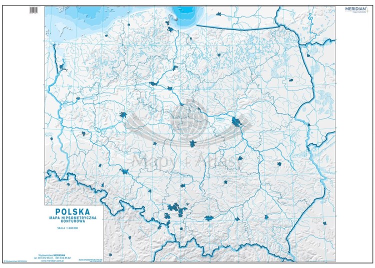 Polska. Fototapeta samoprzylepna. Mapa konturowa, hipsometryczna. Całość