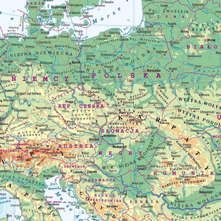 Europa. Dwustronna mapa ścienna MIDI. Fizyczna/polityczna. Fragment 1