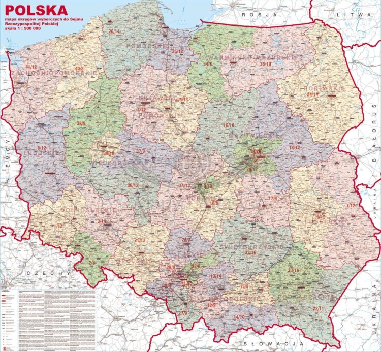 Polska 1:500 000. Mapa ścienna okręgów wyborczych do Sejmu Rzeczypospolitej Polskiej. Całość