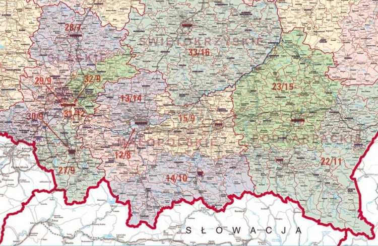 Polska 1:500 000. Mapa ścienna okręgów wyborczych do Sejmu Rzeczypospolitej Polskiej. Fragment 4