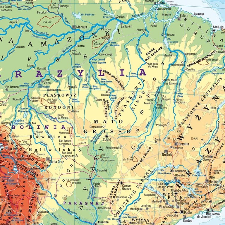 Ameryka Południowa. Dwustronna mapa ścienna MIDI. Fizyczna/polityczna. Fragment 1