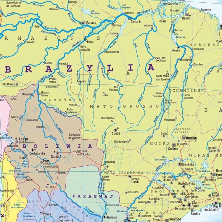 Ameryka Południowa. Dwustronna mapa ścienna MIDI. Fizyczna/polityczna. Fragment 2