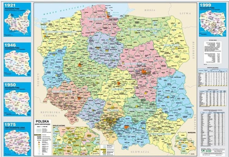 Polska. Dwustronna mapa podręczna. Fizyczna/administracyjna. Strona administracyjna