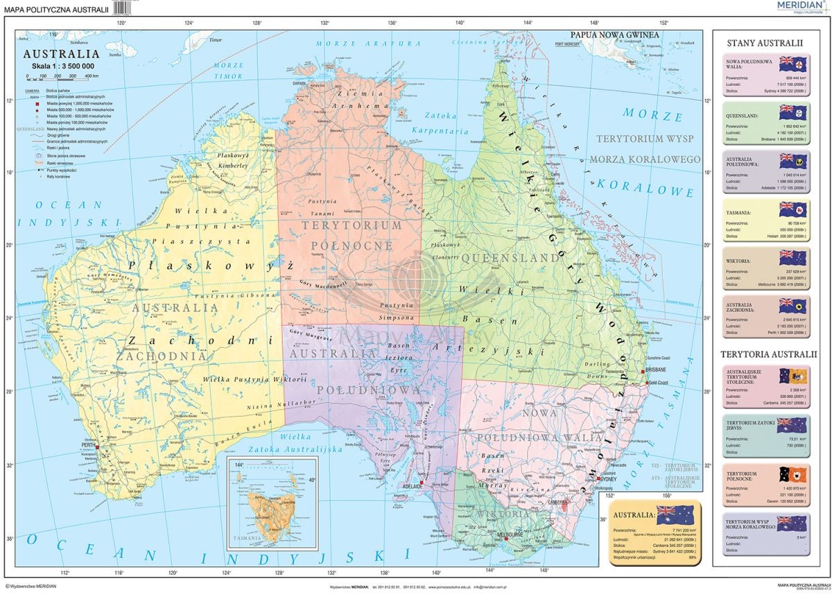 Australia 1:3 500 000. Mapa ścienna polityczna. Drewniane półwałki