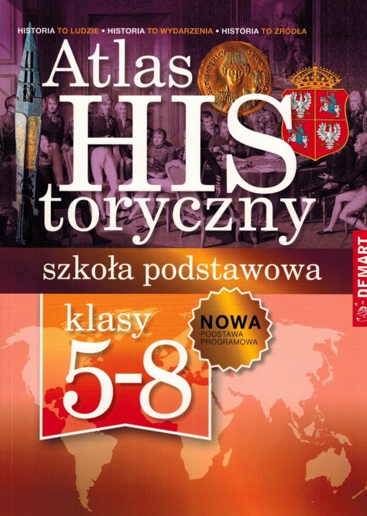 Atlas historyczny dla klas 5-8 szkoły podstawowej wydawnictwa Demart. Okładka