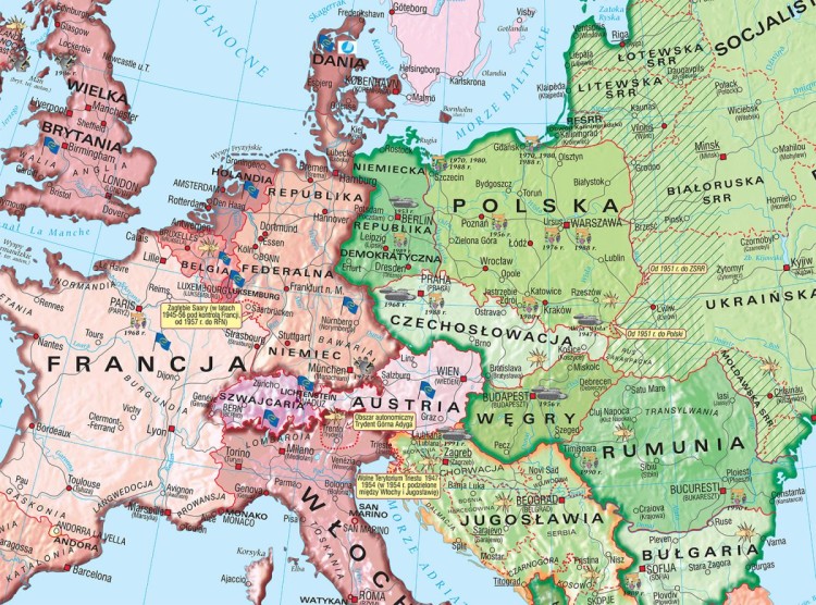 Europa po 1945 roku. Fototapeta samoprzylepna. Mapa. Fragment 1