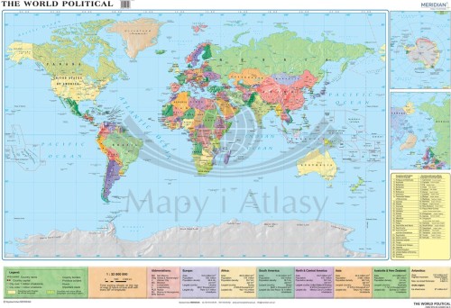 World political (Mercator)/ Świat. Fototapeta samoprzylepna. Mapa polityczna w języku angielskim. Całość