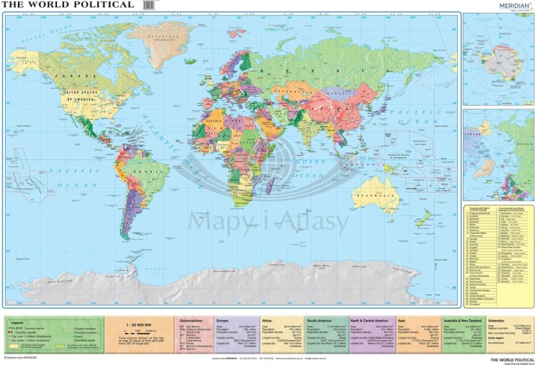 World political (Mercator)/ Świat. Fototapeta samoprzylepna. Mapa polityczna w języku angielskim. Całość