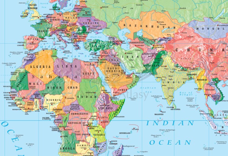 World political (Mercator)/ Świat. Fototapeta samoprzylepna. Mapa polityczna w języku angielskim. Fragment 1