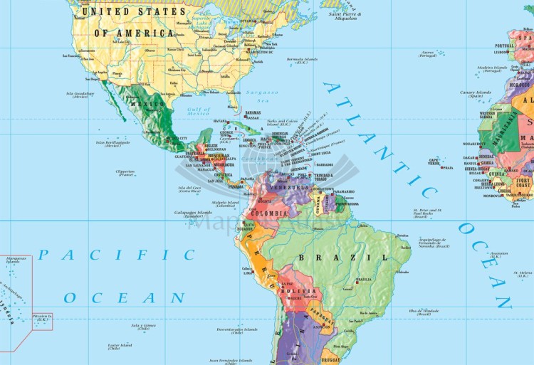 World political (Mercator)/ Świat. Fototapeta samoprzylepna. Mapa polityczna w języku angielskim. Fragment 2