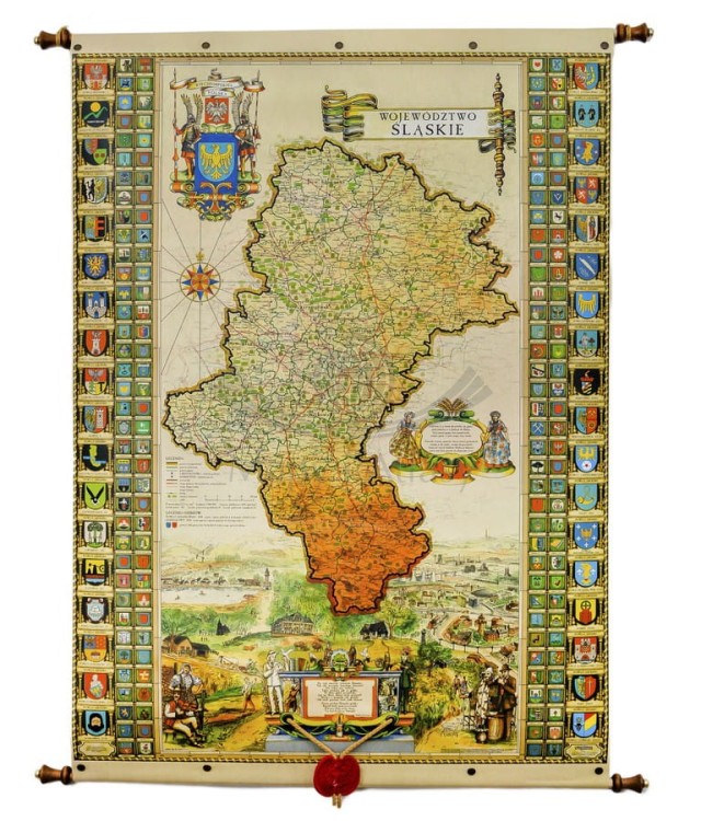 Województwo śląskie. Mapa ścienna ozdobna. Pergamena. Całość