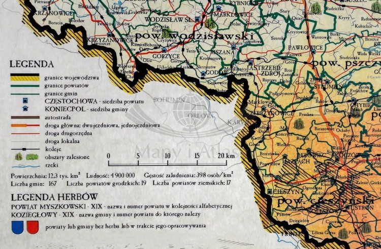 Województwo śląskie. Mapa ścienna ozdobna. Pergamena. Legenda
