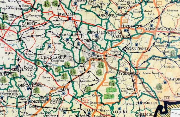 Województwo śląskie. Mapa ścienna ozdobna. Pergamena. Fragment 2