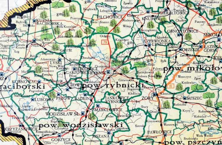 Województwo śląskie. Mapa ścienna ozdobna. Pergamena. Fragment 1