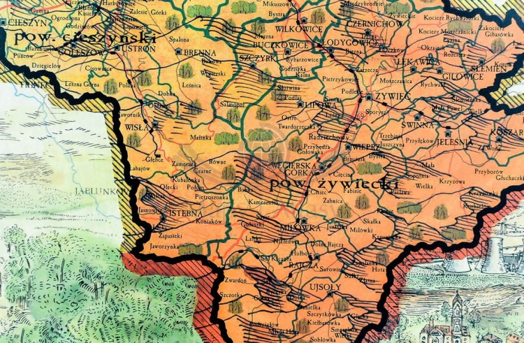 Województwo śląskie. Mapa ścienna ozdobna. Pergamena. Fragment 4