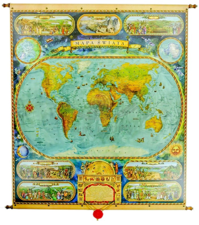 Świat w starym stylu. Mapa ścienna ozdobna wydawnictwa Pergamena. Całość