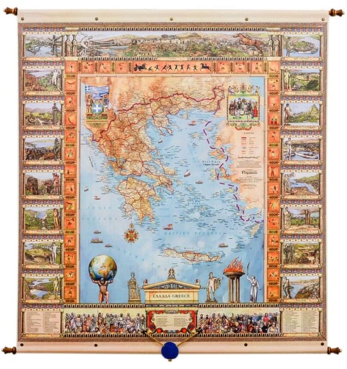Grecja. Mapa ścienna ozdobna. Pergamena. Całość