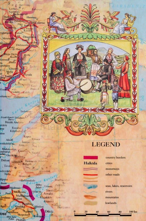 Grecja. Mapa ścienna ozdobna. Pergamena. Legenda