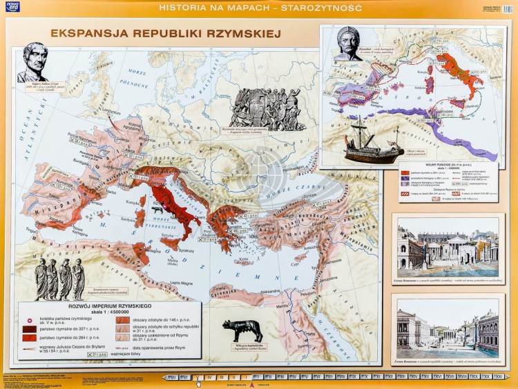 Ekspansja republiki rzymskiej / Rozwój i upadek cesarstwa rzymskiego. Dwustronna mapa ścienna wydawnictwa Nowa Era. I strona