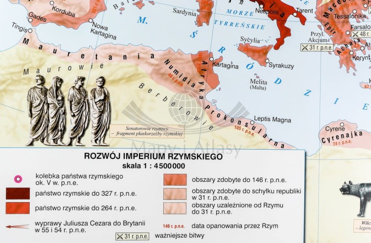 Ekspansja republiki rzymskiej / Rozwój i upadek cesarstwa rzymskiego. Dwustronna mapa ścienna wydawnictwa Nowa Era. Legenda 3