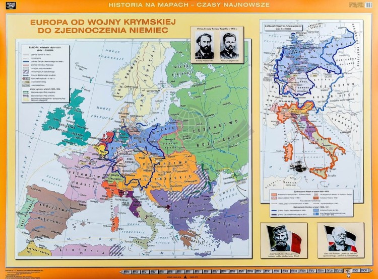 Europa od wojny krymskiej do zjednoczenia Niemiec / Przed wybuchem I wojny światowej. Dwustronna mapa ścienna wydawnictwa Nowa Era. I strona