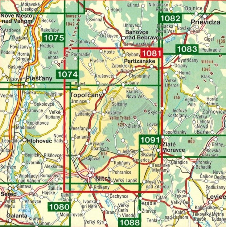Trybecz, Nitra / Tribec. Mapa turystyczna 1081 wydawnictwa Shocart.  Zasięg