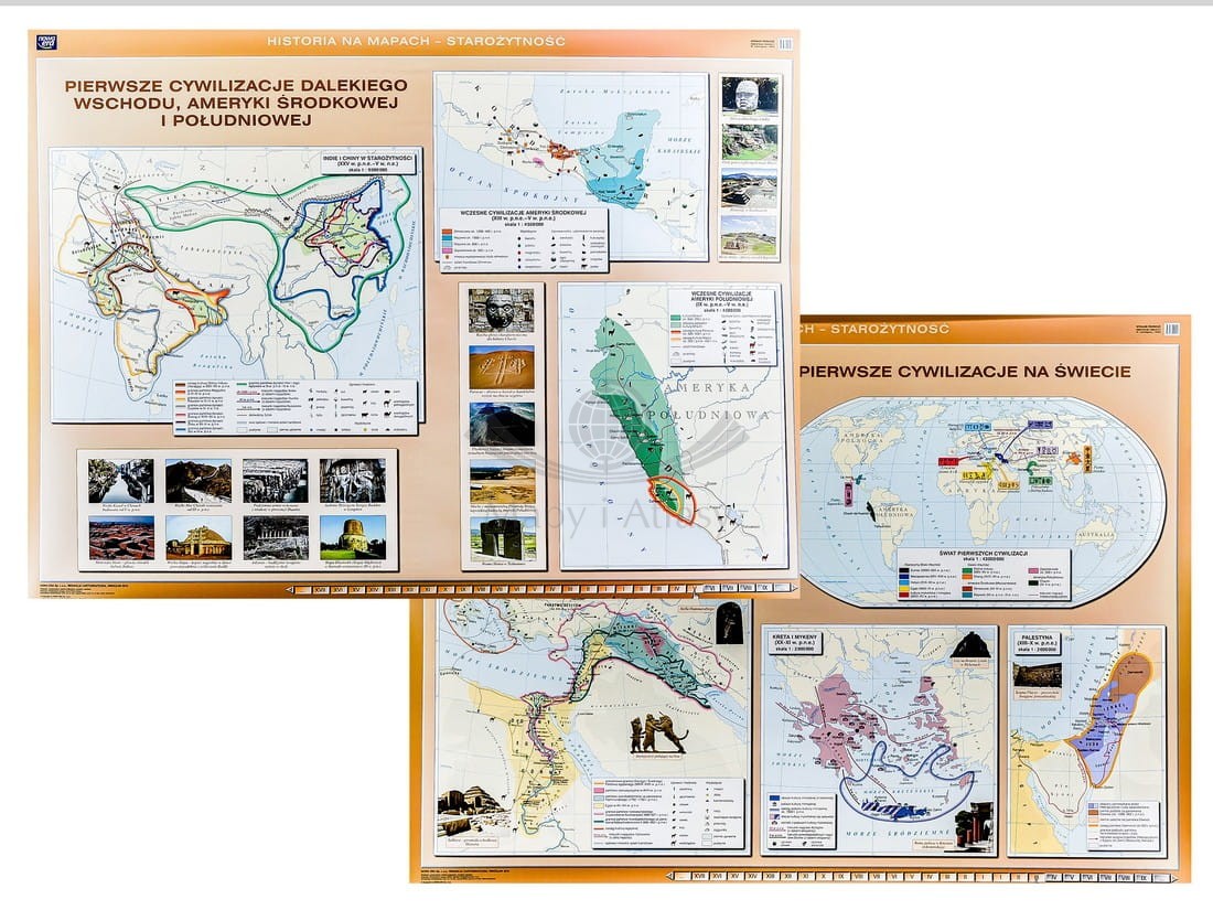 Pierwsze cywilizacje na świecie / Dalekiego Wschodu, Ameryki Środkowej i Południowej. Dwustronna mapa ścienna. Nowa Era