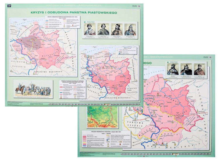 Początki państwa polskiego / Kryzys i odbudowa państwa piastowskiego. Dwustronna mapa ścienna wydawnictwa Nowa Era. Całość