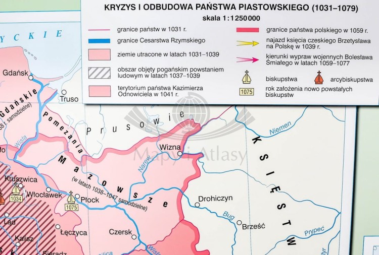 Początki państwa polskiego / Kryzys i odbudowa państwa piastowskiego. Dwustronna mapa ścienna wydawnictwa Nowa Era. Legenda 3