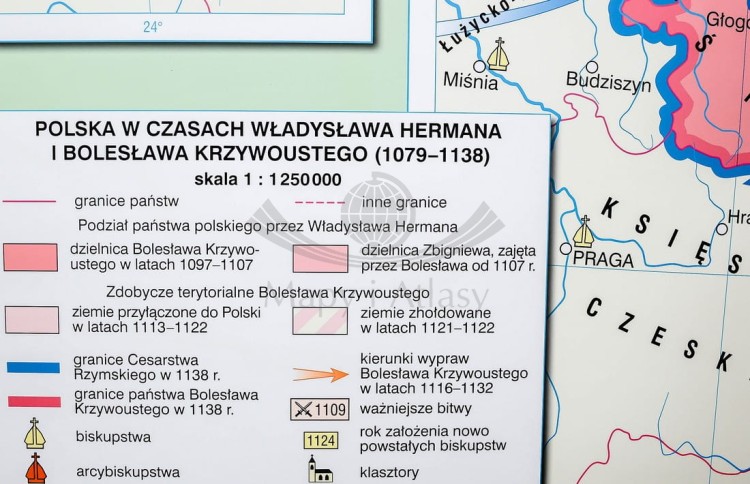 Początki państwa polskiego / Kryzys i odbudowa państwa piastowskiego. Dwustronna mapa ścienna wydawnictwa Nowa Era. Legenda 1
