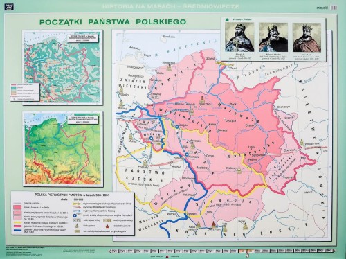 Początki państwa polskiego / Kryzys i odbudowa państwa piastowskiego. Dwustronna mapa ścienna wydawnictwa Nowa Era. I strona