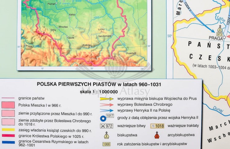 Początki państwa polskiego / Kryzys i odbudowa państwa piastowskiego. Dwustronna mapa ścienna wydawnictwa Nowa Era. Legenda 2