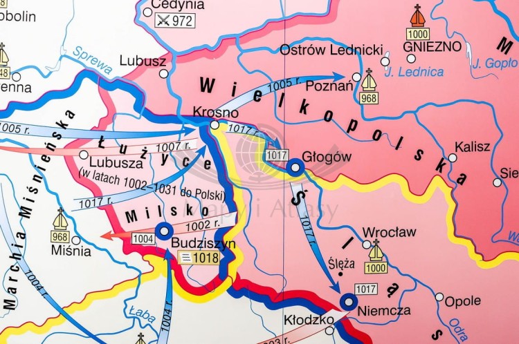 Początki państwa polskiego / Kryzys i odbudowa państwa piastowskiego. Dwustronna mapa ścienna wydawnictwa Nowa Era. Fragment 5