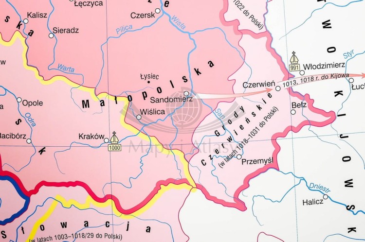 Początki państwa polskiego / Kryzys i odbudowa państwa piastowskiego. Dwustronna mapa ścienna wydawnictwa Nowa Era. Fragment 6