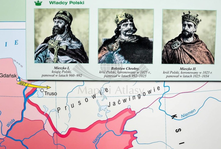 Początki państwa polskiego / Kryzys i odbudowa państwa piastowskiego. Dwustronna mapa ścienna wydawnictwa Nowa Era. Fragment 7