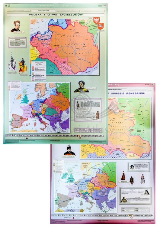 Polska i Litwa Jagiellonów / Rzeczpospolita i Europa w okresie renesansu. Dwustronna mapa ścienna wydawnictwa Nowa Era. Całość