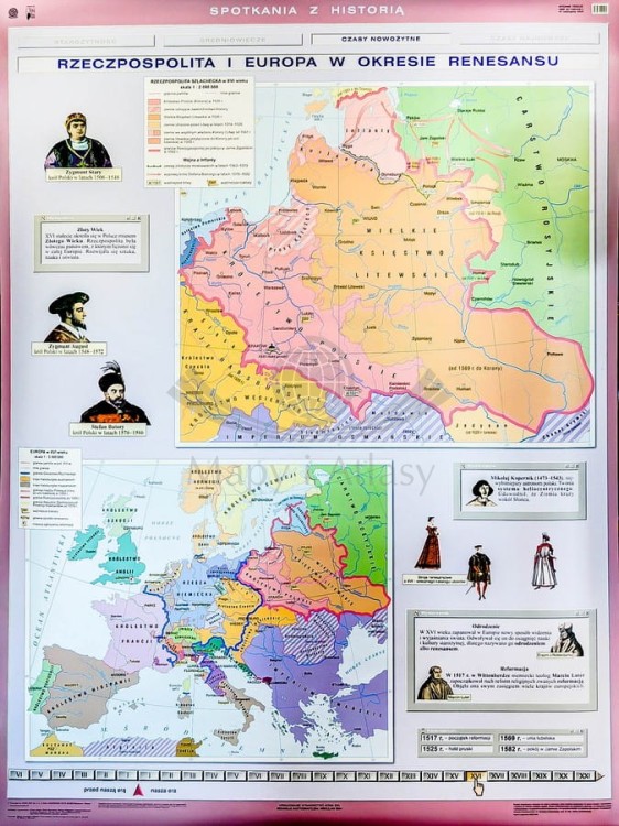 Polska i Litwa Jagiellonów / Rzeczpospolita i Europa w okresie renesansu. Dwustronna mapa ścienna wydawnictwa Nowa Era. II strona