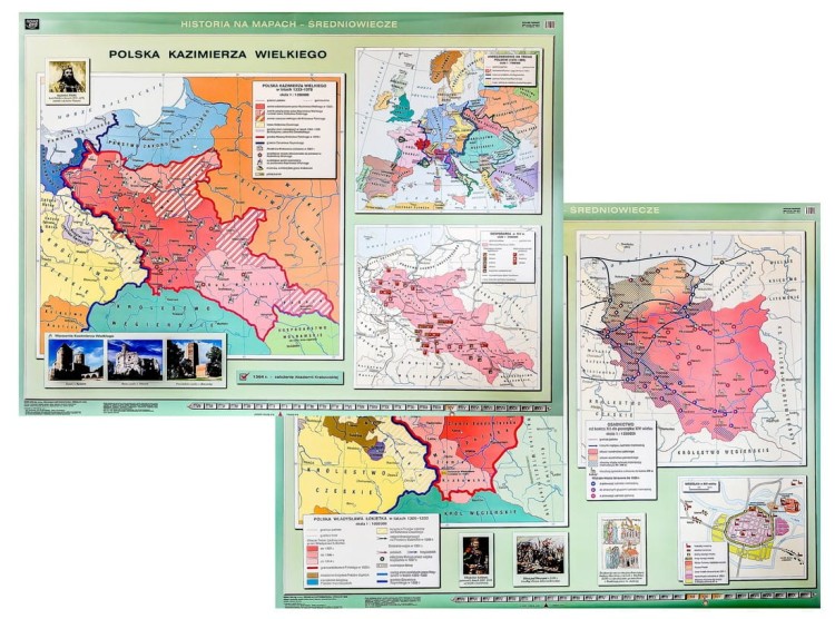 Polska Kazimierza Wielkiego / Zjednoczenie ziem polskich przez Władysława Łokietka. Dwustronna mapa ścienna wydawnictwa Nowa Era. Całość