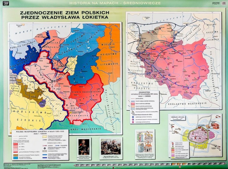 Polska Kazimierza Wielkiego / Zjednoczenie ziem polskich przez Władysława Łokietka. Dwustronna mapa ścienna wydawnictwa Nowa Era. II strona
