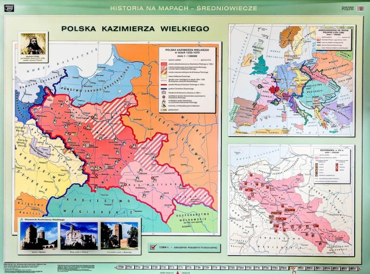 Polska Kazimierza Wielkiego / Zjednoczenie ziem polskich przez Władysława Łokietka. Dwustronna mapa ścienna wydawnictwa Nowa Era. I strona