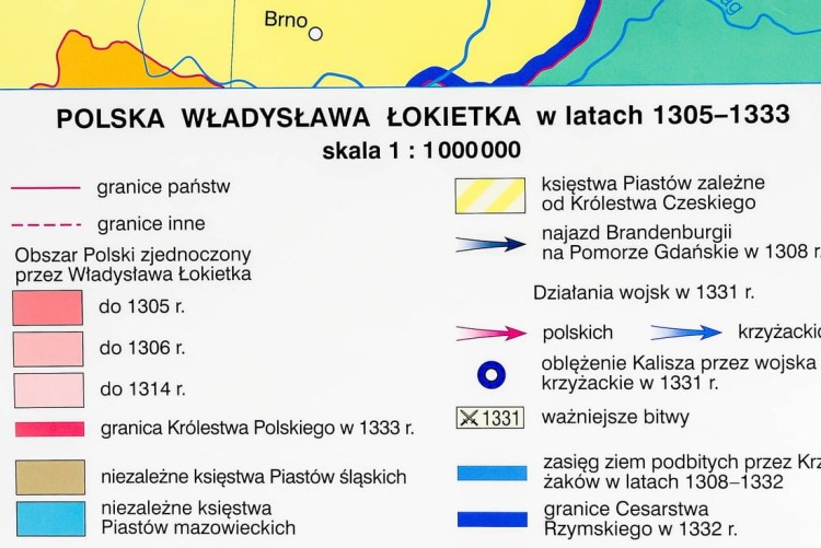 Polska Kazimierza Wielkiego / Zjednoczenie ziem polskich przez Władysława Łokietka. Dwustronna mapa ścienna wydawnictwa Nowa Era. Legenda 1