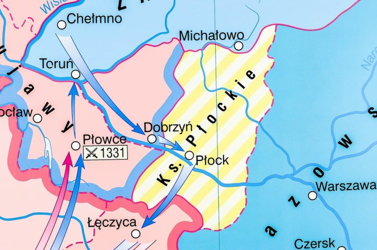 Polska Kazimierza Wielkiego / Zjednoczenie ziem polskich przez Władysława Łokietka. Dwustronna mapa ścienna wydawnictwa Nowa Era. Fragment 1