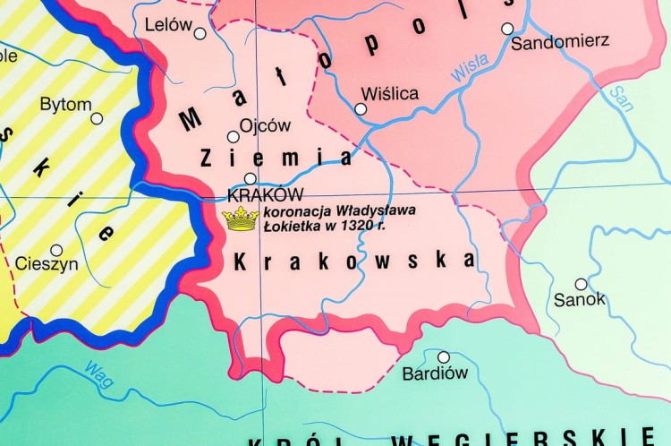Polska Kazimierza Wielkiego / Zjednoczenie ziem polskich przez Władysława Łokietka. Dwustronna mapa ścienna wydawnictwa Nowa Era. Fragment 3